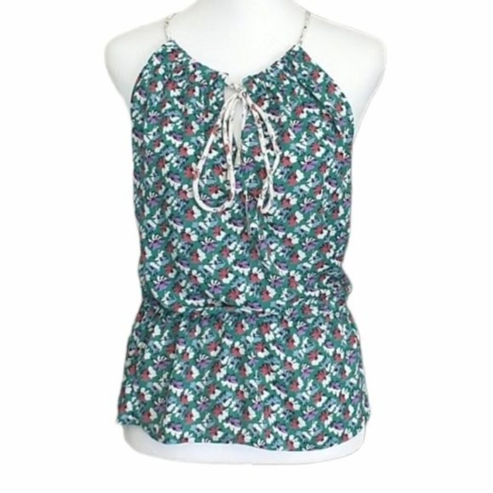 Anthropologie Floral Sleeveless Halter Peplum Top Tie Detail Green Multicolor - Picture 2 of 9